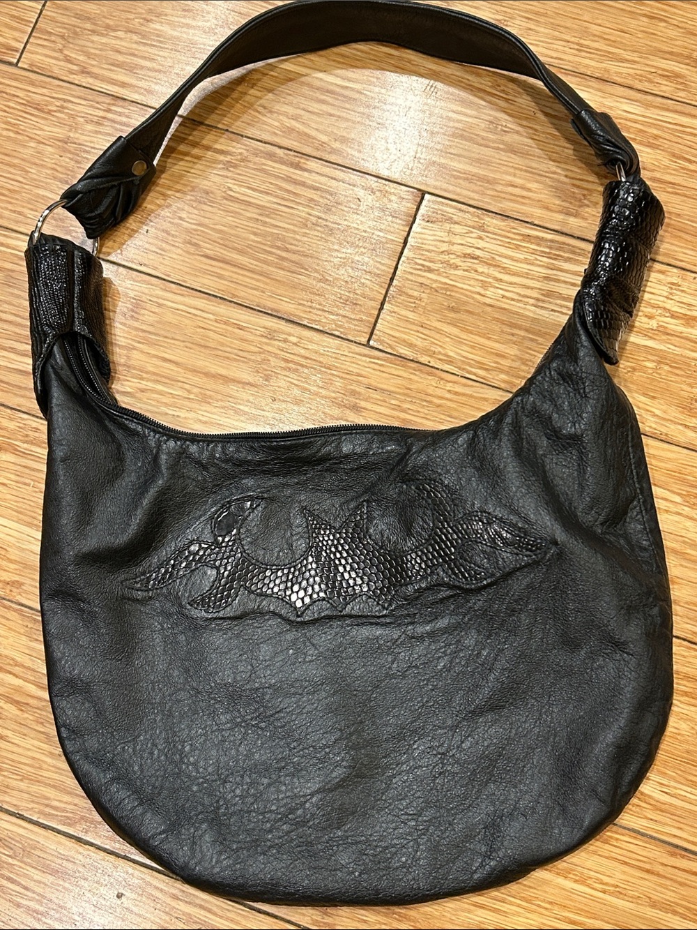 Diamond Leathers Black Whimsigoth Hobo Shoulder Bag with Snake Embossed Accents